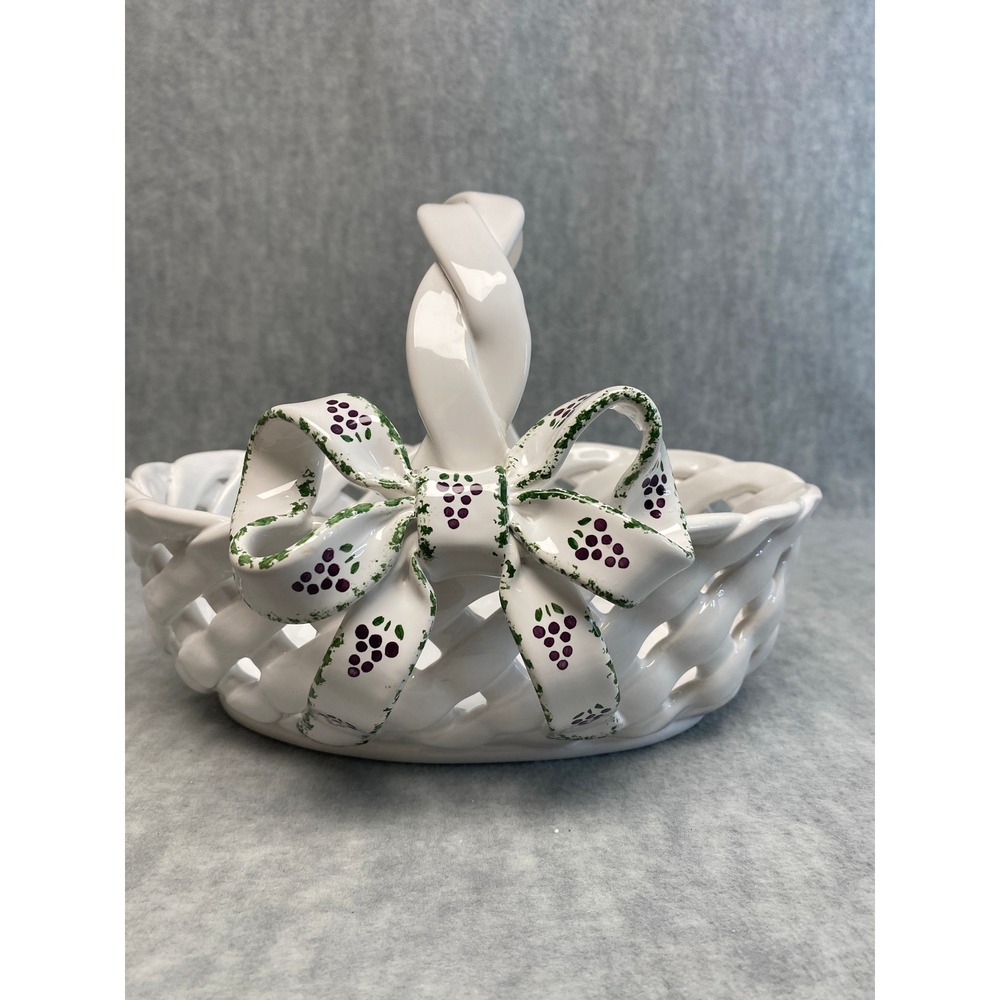 Berardos Vintage White Portugal Ceramic Lattice Basket Bowl Grape Bow Accent